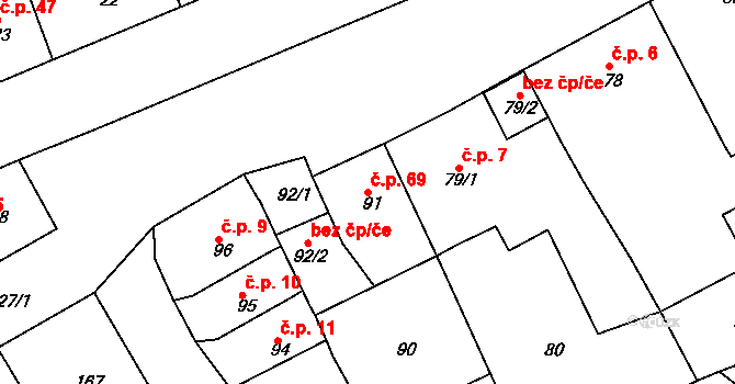 Újezdské Předměstí 69, Bílina na parcele st. 91 v KÚ Bílina-Újezd, Katastrální mapa