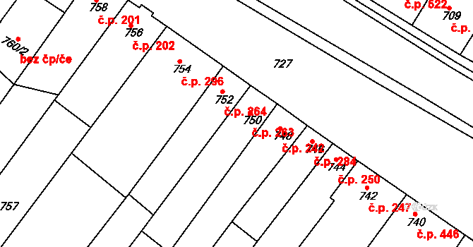 Blučina 263 na parcele st. 750 v KÚ Blučina, Katastrální mapa