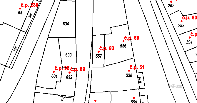 Blažovice 83 na parcele st. 557 v KÚ Blažovice, Katastrální mapa