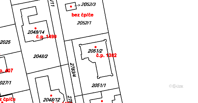 Hostivař 1382, Praha na parcele st. 2051/2 v KÚ Hostivař, Katastrální mapa