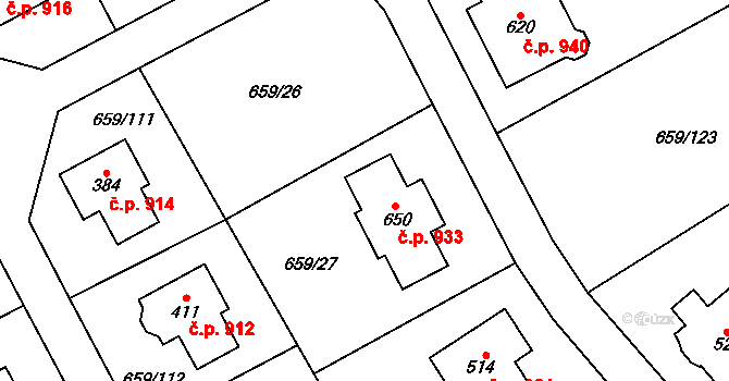 Hlubočinka 933, Sulice na parcele st. 650 v KÚ Sulice, Katastrální mapa