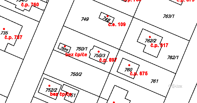 Šeberov 897, Praha na parcele st. 750/3 v KÚ Šeberov, Katastrální mapa