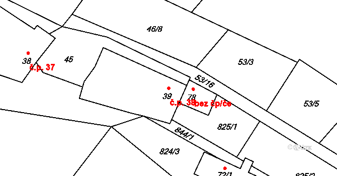 Lhotice 38 na parcele st. 39 v KÚ Lhotice u Jemnice, Katastrální mapa