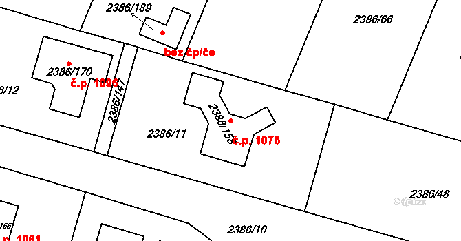 Zruč nad Sázavou 1076 na parcele st. 2386/158 v KÚ Zruč nad Sázavou, Katastrální mapa