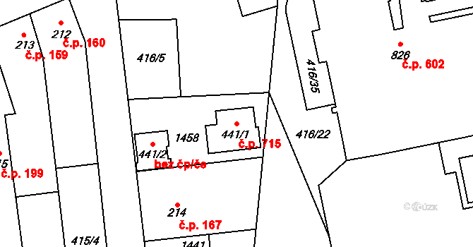 Prštné 715, Zlín na parcele st. 441/1 v KÚ Prštné, Katastrální mapa