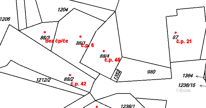 Velké Heřmanice 45, Heřmaničky na parcele st. 88/4 v KÚ Velké Heřmanice, Katastrální mapa