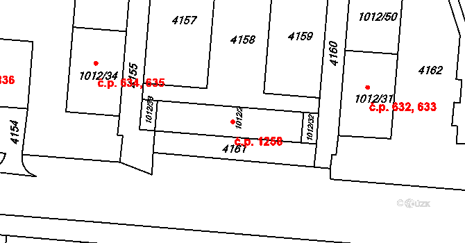 Komín 1258, Brno na parcele st. 1012/2 v KÚ Komín, Katastrální mapa