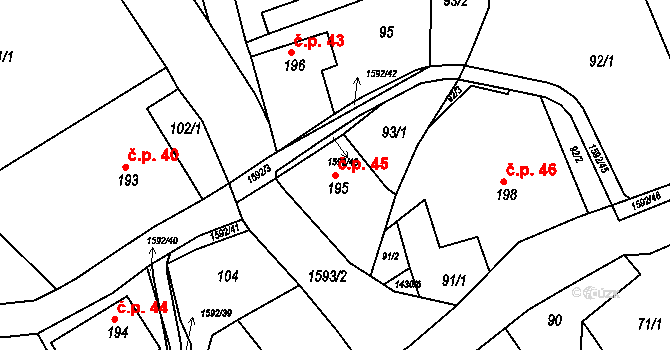 Brtníky 45, Staré Křečany na parcele st. 195 v KÚ Brtníky, Katastrální mapa