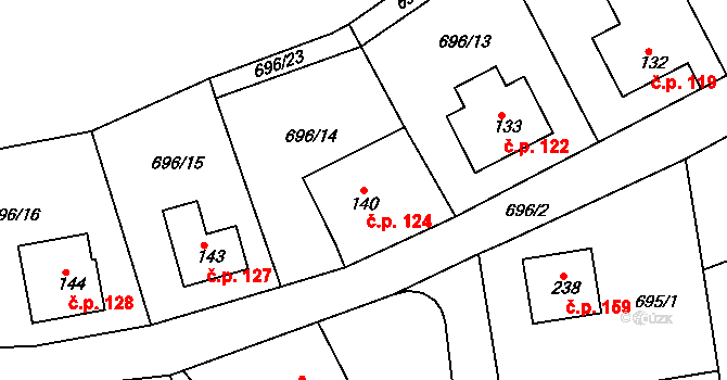Škrdlovice 124 na parcele st. 140 v KÚ Škrdlovice, Katastrální mapa