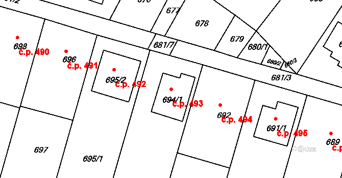 Bylnice 493, Brumov-Bylnice na parcele st. 694/1 v KÚ Bylnice, Katastrální mapa