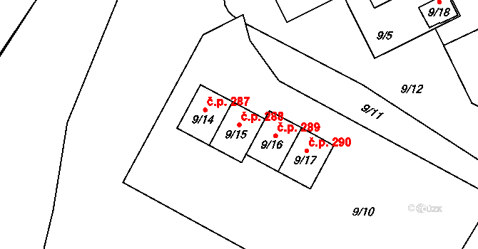 Chuchelná 288 na parcele st. 9/15 v KÚ Chuchelná, Katastrální mapa