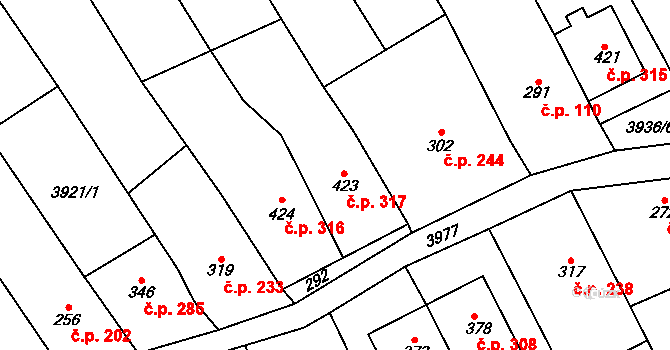 Kudlovice 317 na parcele st. 423 v KÚ Kudlovice, Katastrální mapa