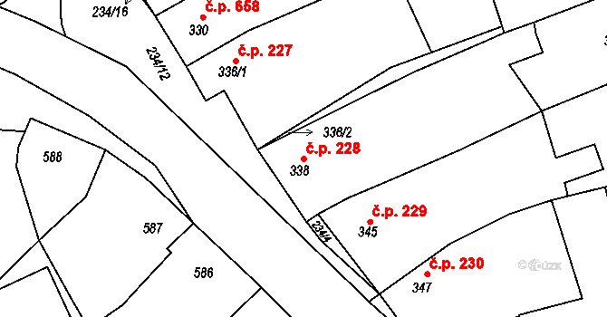 Buchlovice 228 na parcele st. 338 v KÚ Buchlovice, Katastrální mapa