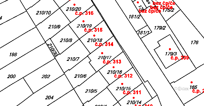 Těšov 313, Uherský Brod na parcele st. 210/17 v KÚ Těšov, Katastrální mapa