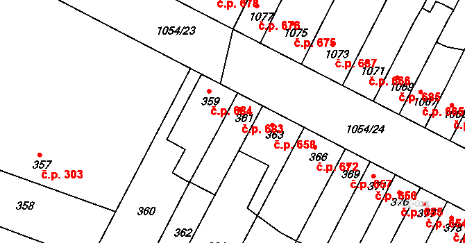 Bučovice 683 na parcele st. 361 v KÚ Bučovice, Katastrální mapa