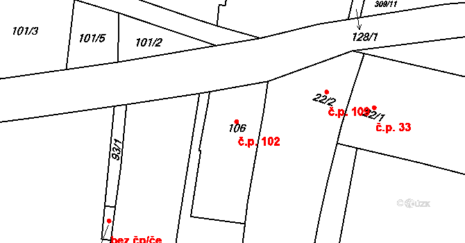 Kozomín 102 na parcele st. 106 v KÚ Kozomín, Katastrální mapa