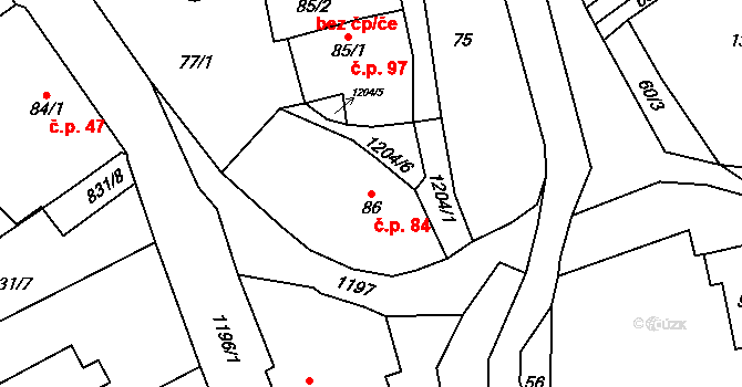 Horní Radechová 84 na parcele st. 86 v KÚ Horní Radechová, Katastrální mapa