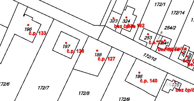 Černá za Bory 127, Pardubice na parcele st. 186 v KÚ Černá za Bory, Katastrální mapa
