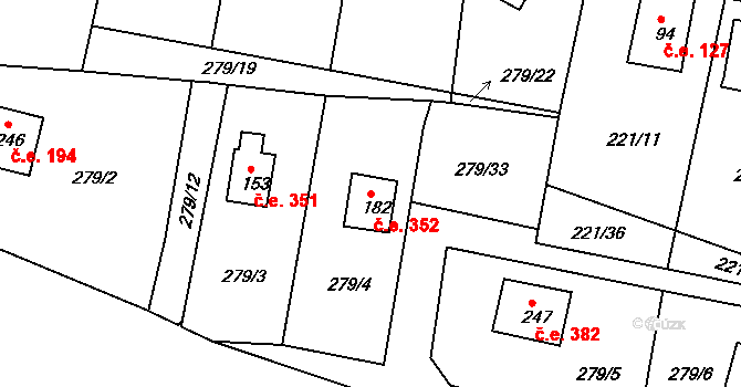Lipno 352, Líšťany na parcele st. 182 v KÚ Těchoděly, Katastrální mapa