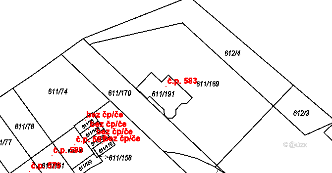 Srubec 583 na parcele st. 611/191 v KÚ Srubec, Katastrální mapa