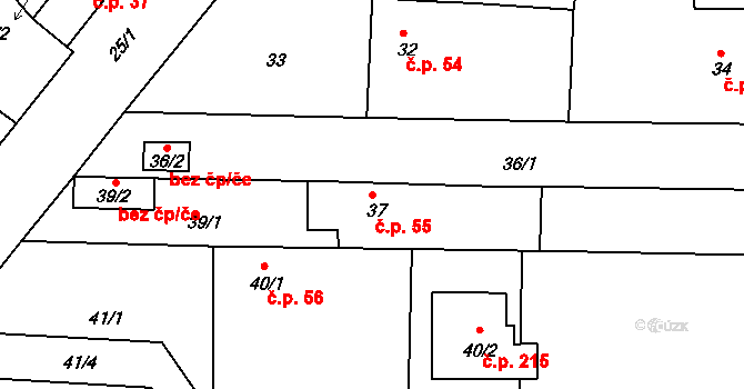 Hrdějovice 55 na parcele st. 37 v KÚ Hrdějovice, Katastrální mapa