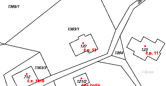 Kořenov 13 na parcele st. 122 v KÚ Polubný, Katastrální mapa