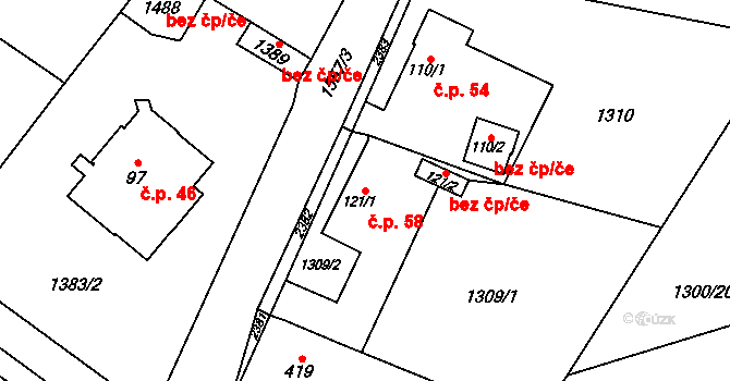 Čerčany 58 na parcele st. 121/1 v KÚ Čerčany, Katastrální mapa