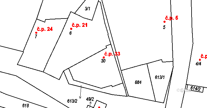 Výžerky 33 na parcele st. 30 v KÚ Výžerky, Katastrální mapa