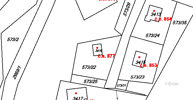 Ostravice 877 na parcele st. 3416 v KÚ Staré Hamry 2, Katastrální mapa