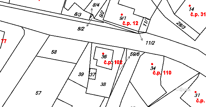 Chaloupky 102 na parcele st. 36 v KÚ Chaloupky, Katastrální mapa