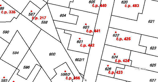 Kosmonosy 442 na parcele st. 601 v KÚ Kosmonosy, Katastrální mapa
