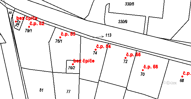 Trubín 54 na parcele st. 74 v KÚ Trubín, Katastrální mapa