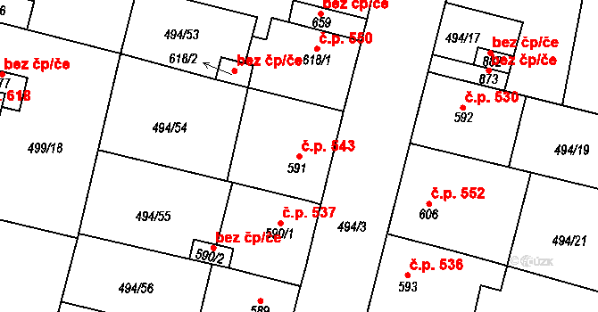 Libochovice 543 na parcele st. 591 v KÚ Libochovice, Katastrální mapa