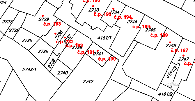 Roudnice nad Labem 190 na parcele st. 2741 v KÚ Roudnice nad Labem, Katastrální mapa