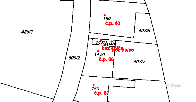 Hradiště 66, Bžany na parcele st. 147/1 v KÚ Bžany, Katastrální mapa