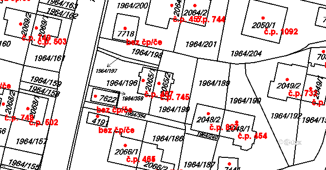 Borovina 745, Třebíč na parcele st. 2065/2 v KÚ Třebíč, Katastrální mapa