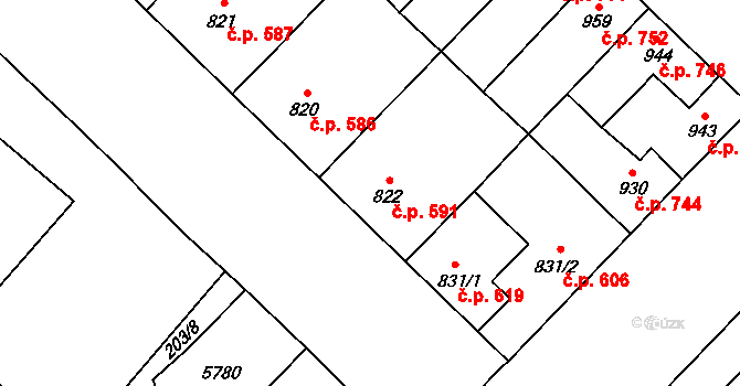 Břeclav 591 na parcele st. 822 v KÚ Břeclav, Katastrální mapa