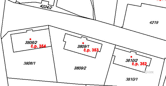 Lískovec 353, Frýdek-Místek na parcele st. 3809/1 v KÚ Lískovec u Frýdku-Místku, Katastrální mapa