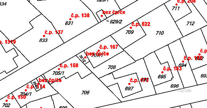 Radotín 167, Praha na parcele st. 707/1 v KÚ Radotín, Katastrální mapa