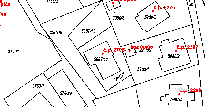 Česká Lípa 2705 na parcele st. 5987/12 v KÚ Česká Lípa, Katastrální mapa