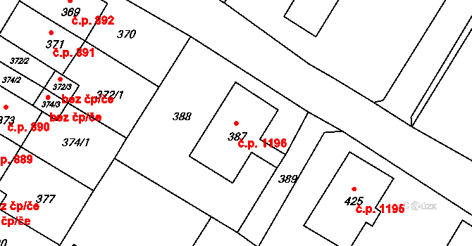 Jirkov 1196 na parcele st. 387 v KÚ Jirkov, Katastrální mapa