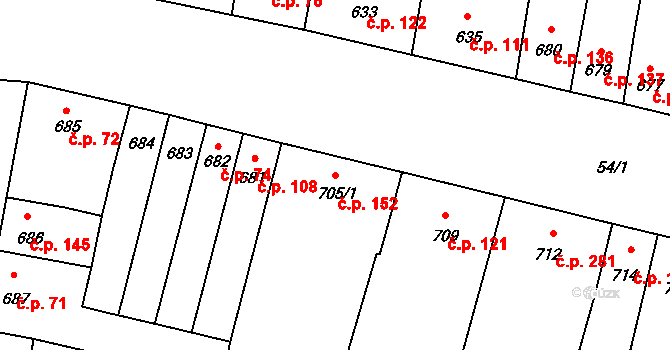 Opatovice 152 na parcele st. 705/1 v KÚ Opatovice u Rajhradu, Katastrální mapa