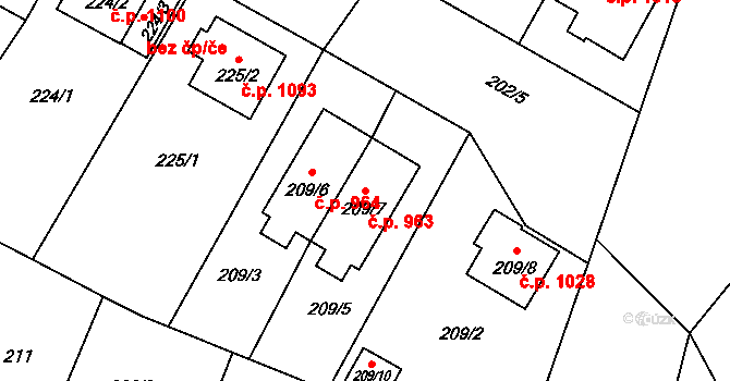 Bolevec 963, Plzeň na parcele st. 209/7 v KÚ Bolevec, Katastrální mapa