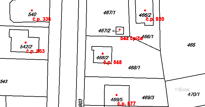 Černice 548, Plzeň na parcele st. 468/2 v KÚ Bručná, Katastrální mapa