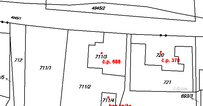 Bludovice 688, Havířov na parcele st. 711/3 v KÚ Bludovice, Katastrální mapa