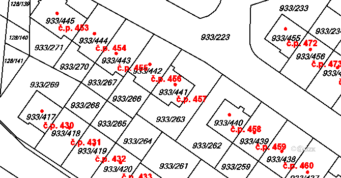 Satalice 457, Praha na parcele st. 933/441 v KÚ Satalice, Katastrální mapa