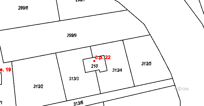 Mžižovice 22, Ostředek na parcele st. 210 v KÚ Ostředek, Katastrální mapa