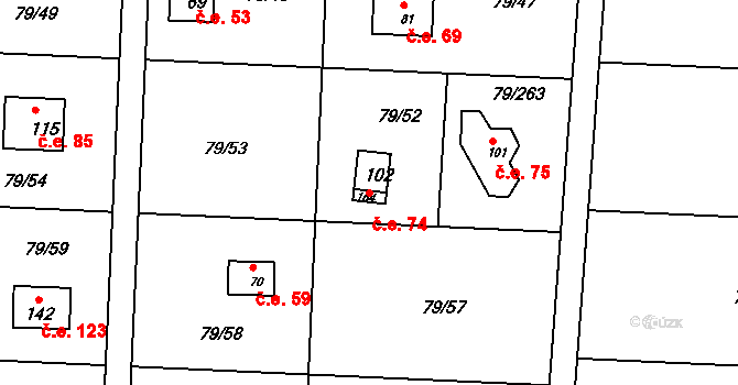 Vadkovice 74, Chbany na parcele st. 102 v KÚ Vadkovice, Katastrální mapa