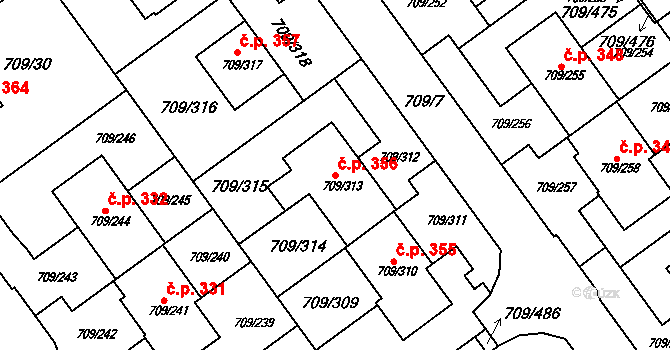 Popůvky 356 na parcele st. 709/313 v KÚ Popůvky u Brna, Katastrální mapa