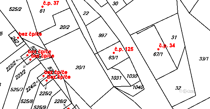 Velhartice 125 na parcele st. 63/1 v KÚ Velhartice, Katastrální mapa